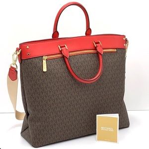 Michael Kors Travel Large Top Zip North South Tote Bag Flame/Brown signature